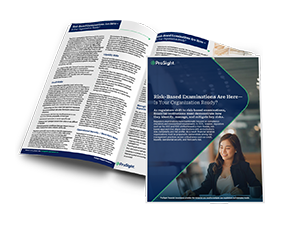 A smiling woman working on a laptop, next to a magazine spread titled 'Risk-Based Examinations Are Here—Is Your Organization Ready?', discussing financial regulations.