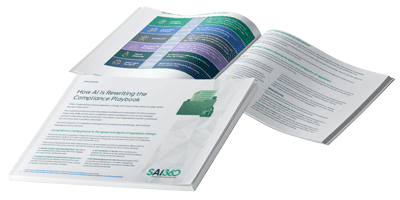 A white paper titled "How AI Is Rewriting the Compliance Playbook" by SAI360, shown open with colorful graphics.